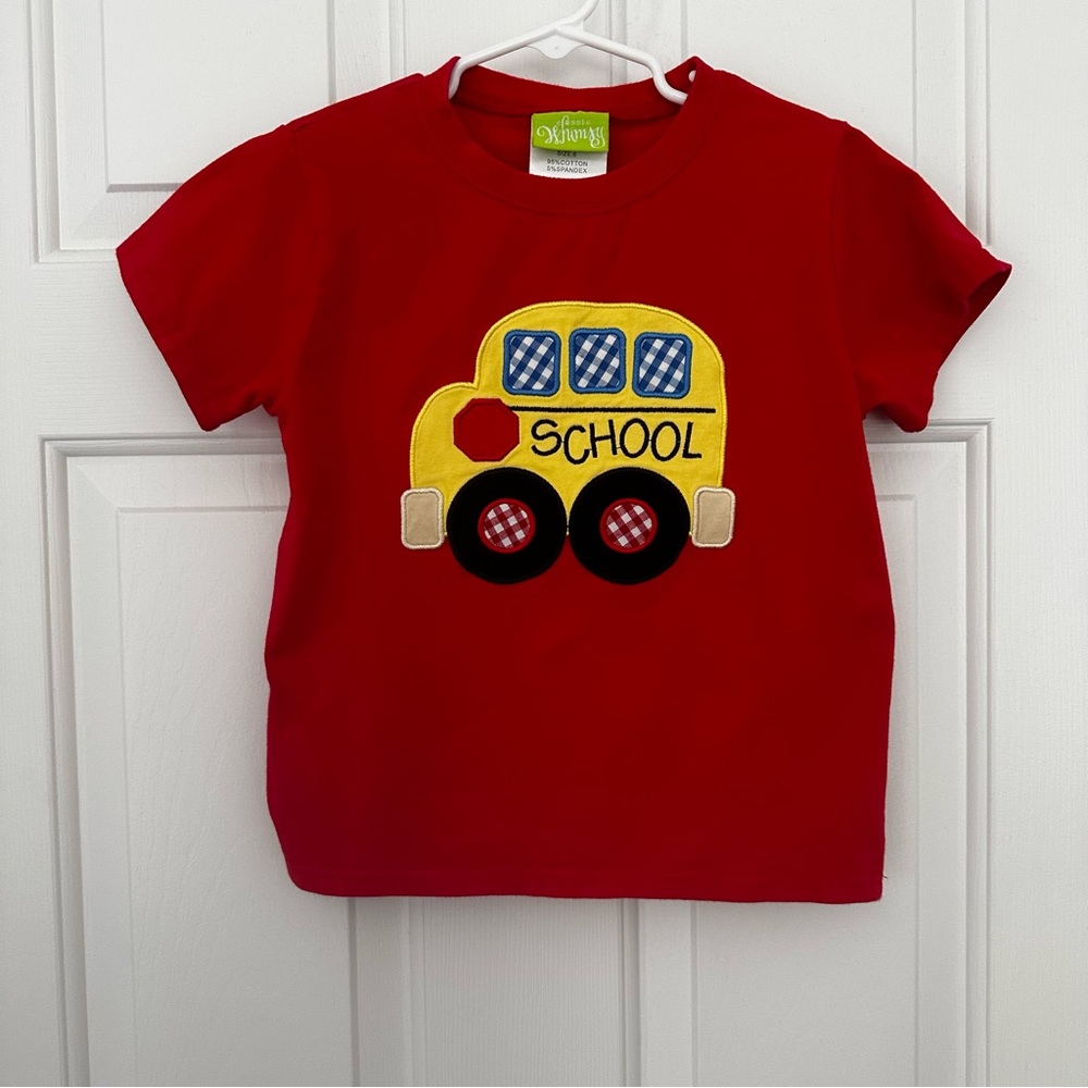 Classic Whimsy Yellow School Bus Appliqué Red T-Shirt Short Sleeve Top Boy Sz 6